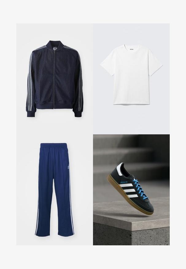 Mørkeblå denimjakke med lynlås foran, ribbede manchetter og tre hvide striber langs hver arm. Har et lille logo på brystet.; Hvid kortærmet crewneck T-shirt lagt fladt ud, ensfarvet design, med "WEEKDAY" mærkat inde i kraven på en lys baggrund.; Marineblå sportbukser med en afslappet pasform, udstyret med hvide sidestativer og elastisk talje. Glat stof, ingen synlige mønstre eller hardware.; Sort Adidas sneaker med hvide striber, blå snørebånd og gummisål, der svæver over gråt betontrin i blødt lys.