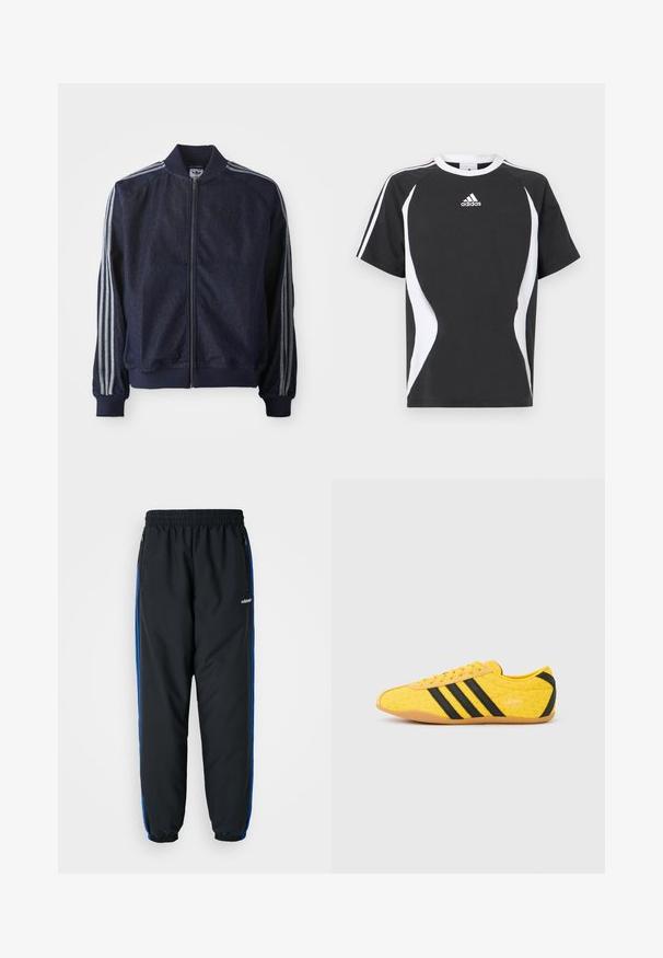 Mørkeblå denimjakke med lynlås foran, ribbede manchetter og tre hvide striber langs hver arm. Har et lille logo på brystet.; Sort kortærmet T-shirt med hvide designdetaljer og Adidas-logo på brystet. Lavet af blødt bomuldsstof med rund hals.; Sorte atletiske bukser med elastisk talje, blå sideløb, lynlåslommer og tætsiddende benafslutninger for en stram pasform. Lavet af let materiale.; Gul atletiksko med en tekstureret overdel, der har sorte striber og logo. Rundt tå, blød sål og zigzag-mønster på materialet.