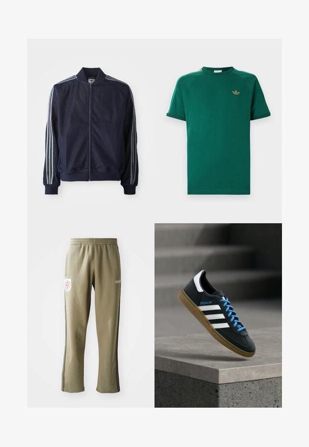 Chaqueta de mezclilla azul marino con cremallera frontal, puños acanalados y tres rayas blancas a lo largo de cada brazo. Presenta un pequeño logo en el pecho.; Camiseta verde de manga corta Adidas con cuello redondo, logo dorado en forma de trébol en el pecho y franjas blancas con bordes verdes a lo largo de los hombros.; Pantalones deportivos de color verde oliva con cintura elástica, bolsillos laterales, rayas negras a los lados y un parche de logo en el muslo.; Zapatilla negra Adidas con franjas blancas, cordones azules y suela de goma flotando sobre un escalón de hormigón gris con luz suave.