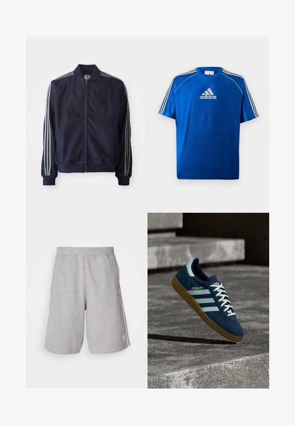Marineblaue Jeansjacke mit Reißverschluss vorne, gerippten Bündchen und drei weißen Streifen an jedem Arm. Mit kleinem Logo auf der Brust.; Blaues Adidas Sport-T-Shirt mit weißem Logo auf der Brust, weißen Streifen auf den Schultern und neon-gelber Paspelierung an den Schulternähten.; Graue Sportshorts aus einem Baumwollmix. Mit seitlichen Taschen, elastischem Bund und weißen Seitenstreifen. Klassisches Design.; Blauer Adidas Spezial Sneaker mit weißen Streifen und Schnürsenkeln, Gummisohle, schwebend über rauer Betonoberfläche und Treppen im Hintergrund.