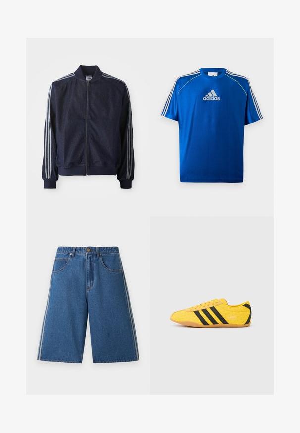 Tengerészeti kék farmerdzseki, cipzárral elöl, bordázott mandzsettákkal és három fehér csíkkal mindkét karon. Egy kis logó található a mellkason.; Kék Adidas sportpóló fehér logóval a mellkason, fehér csíkokkal a vállakon, és neon sárga paszpóllal a vállvarrásokon.; Kék farmer térdig érő rövidnadrág elülső zsebekkel, gombos záródással, övbújtatókkal és mindkét lábon fehér oldalsávokkal.; Sárga sportcipő texturált felsőrésszel, fekete csíkokkal és logóval. Kerek orr, puha talp és cikkcakk mintázat az anyagon.