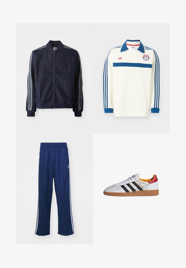 Mørkeblå denimjakke med lynlås foran, ribbede manchetter og tre hvide striber langs hver arm. Har et lille logo på brystet.; Hvid sportstrøje med lange ærmer, blå krave, blå striber på ærmerne, blå bryststribe, rødt logo og et skjoldemblem med stjerner på brystet.; Marineblå sportbukser med en afslappet pasform, udstyret med hvide sidestativer og elastisk talje. Glat stof, ingen synlige mønstre eller hardware.; Hvid Adidas Spezial sneaker med sorte striber, gummisål, quiltet mønster, rød hælflap og gul inderfor, set fra siden.