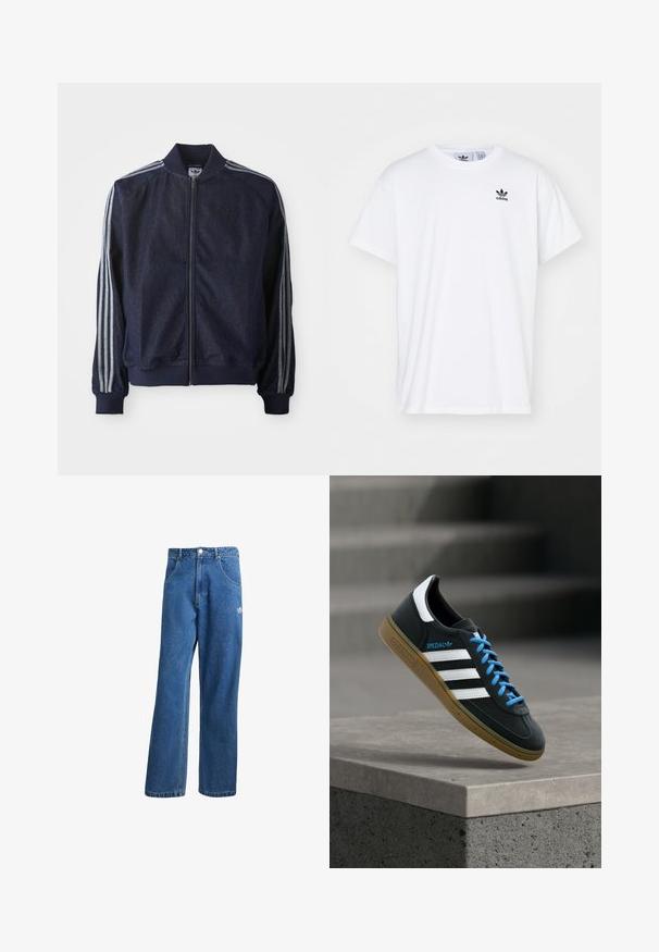 Chaqueta de mezclilla azul marino con cremallera frontal, puños acanalados y tres rayas blancas a lo largo de cada brazo. Presenta un pequeño logo en el pecho.; Camiseta blanca de algodón con mangas cortas, escote redondo y un logo negro de Adidas con tres franjas en la zona del lado izquierdo del pecho.; Vaqueros de mezclilla anchos de talle alto en azul, con bolsillos frontales, presillas para cinturón, cierre de botón y pequeño logo de Adidas en el muslo derecho.; Zapatilla negra Adidas con franjas blancas, cordones azules y suela de goma flotando sobre un escalón de hormigón gris con luz suave.