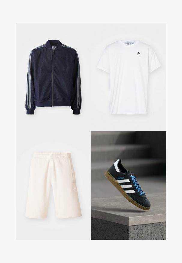 Chaqueta de mezclilla azul marino con cremallera frontal, puños acanalados y tres rayas blancas a lo largo de cada brazo. Presenta un pequeño logo en el pecho.; Camiseta blanca de algodón con mangas cortas, escote redondo y un logo negro de Adidas con tres franjas en la zona del lado izquierdo del pecho.; Pantalones cortos de algodón color crema con cintura elástica, bolsillos laterales y un logotipo sutil en la pierna izquierda. Textura suave y diseño hasta la rodilla.; Zapatilla negra Adidas con franjas blancas, cordones azules y suela de goma flotando sobre un escalón de hormigón gris con luz suave.