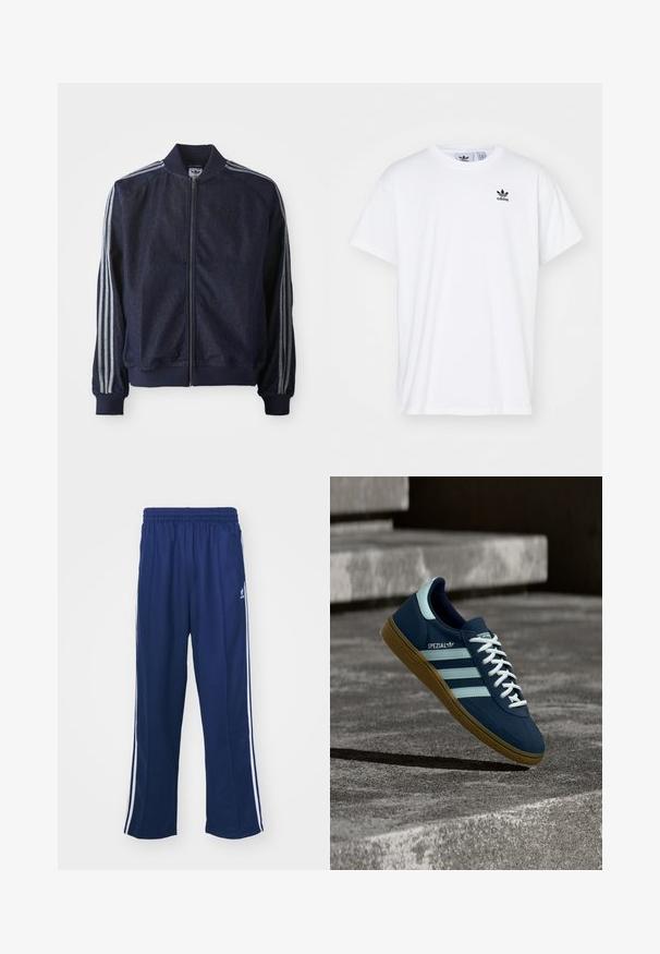 Chaqueta de mezclilla azul marino con cremallera frontal, puños acanalados y tres rayas blancas a lo largo de cada brazo. Presenta un pequeño logo en el pecho.; Camiseta blanca de algodón con mangas cortas, escote redondo y un logo negro de Adidas con tres franjas en la zona del lado izquierdo del pecho.; Pantalones deportivos en azul marino con un corte relajado, que presentan franjas laterales blancas y una cintura elástica. Tejido suave, sin patrones visibles ni herrajes.; Zapatilla azul Adidas Spezial con rayas y cordones blancos, suela de goma, flotando sobre una superficie de hormigón rugosa y escaleras de fondo.