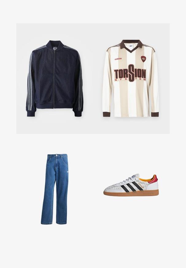 Mørkeblå denimjakke med lynlås foran, ribbede manchetter og tre hvide striber langs hver arm. Har et lille logo på brystet.; Langærmet beige og hvidstribet fodboldtrøje; har brun krave og ærmekanter, stort rødt "TORSION SYSTEM" logo og adidas-mærkning.; Blå højtaljede viddebukser i denim med forlommer, bælteløkker, knaplukning og lille Adidas-logo på højre lår.; Hvid Adidas Spezial sneaker med sorte striber, gummisål, quiltet mønster, rød hælflap og gul inderfor, set fra siden.