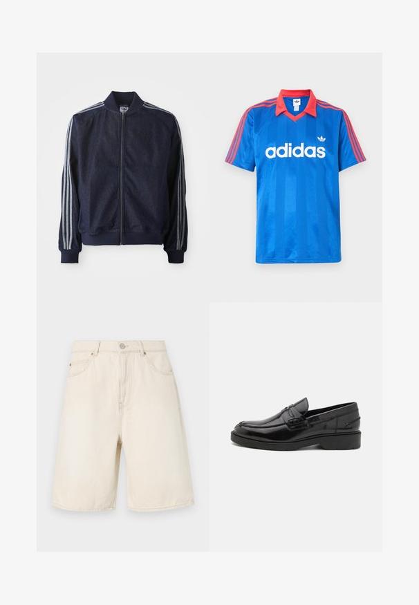 Mørkeblå denimjakke med lynlås foran, ribbede manchetter og tre hvide striber langs hver arm. Har et lille logo på brystet.; Blå Adidas kortærmet sportstrøje med rød krave og striber på skuldrene, med hvidt Adidas-logo og trefoldet emblem på brystet.; Beige denimshorts med høj talje, der har en knap- og lynlåslukning, frontlommer og stikninger langs kanten.; Sorte læder loafers med en glat finish, rund tå, lav hæl og dekorativ syning langs forsiden. Gummisål for godt greb.
