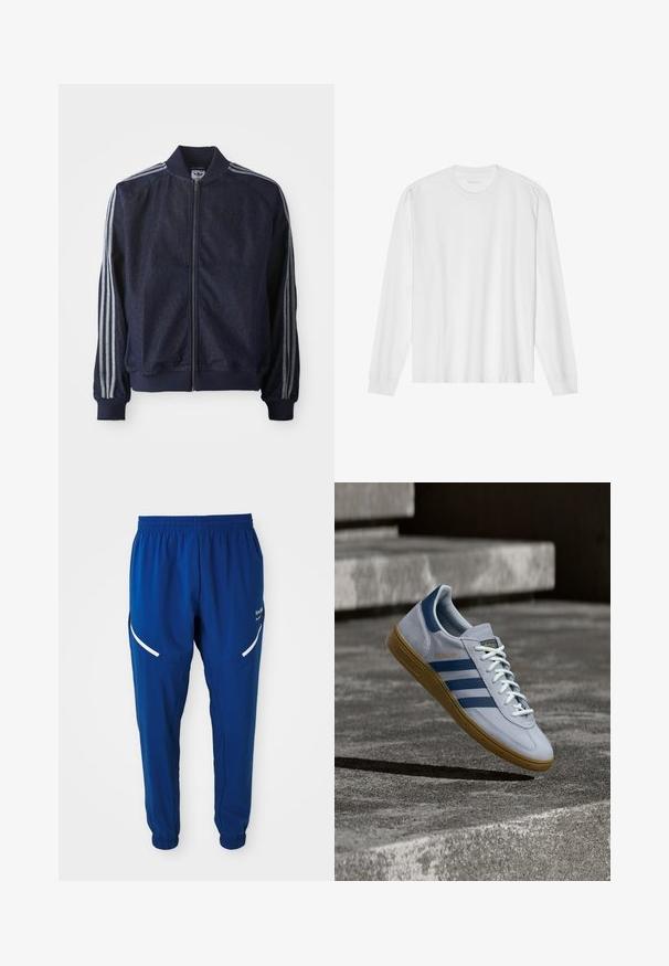 Chaqueta de mezclilla azul marino con cremallera frontal, puños acanalados y tres rayas blancas a lo largo de cada brazo. Presenta un pequeño logo en el pecho.; Camiseta blanca de algodón de manga larga con cuello redondo, con puños acanalados y dobladillo recto, textura suave y diseño minimalista.; Pantalones deportivos de color azul royal con cintura y puños elásticos, tiras reflectantes blancas curvas en los muslos y pequeño logotipo blanco en el lado derecho.; Zapatilla Adidas Spezial azul claro con rayas azul marino y suela de goma, mostrada en el aire sobre escalones de hormigón en un entorno exterior neutral.