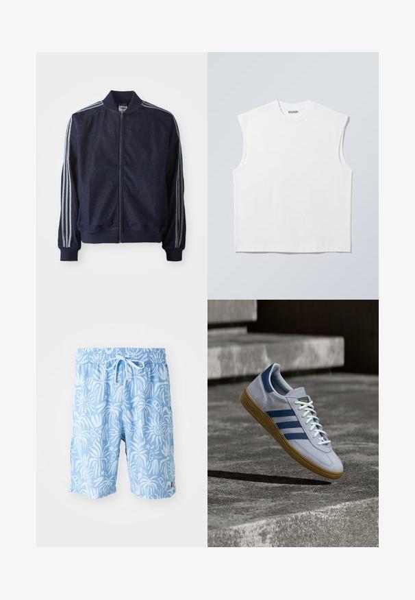 Marineblauwe denimjack met een ritssluiting aan de voorkant, geribbelde manchetten en drie witte strepen langs elke arm. Het heeft een klein logo op de borst.; Wit mouwloos katoenen top met ronde hals en gestructureerde schouders, met het merk "WEEKDAY" op het label in de kraag, afgebeeld op een lichtgrijze achtergrond.; Lichtblauwe zwembroek met een wit abstract patroon, elastische tailleband en trekkoord. Logo aan de voorkant links en zijsplitten aan de zoom.; Lichtblauwe Adidas Spezial sneaker met marineblauwe strepen en rubberen zool, getoond in de lucht boven betonnen trappen in een neutrale buitenomgeving.