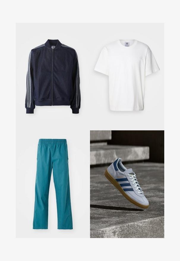 Chaqueta de mezclilla azul marino con cremallera frontal, puños acanalados y tres rayas blancas a lo largo de cada brazo. Presenta un pequeño logo en el pecho.; Camiseta de algodón blanca con cuello redondo y mangas cortas. Presenta un pequeño logotipo bordado en el pecho. Diseño simple y clásico.; Pantalones de color verde azulado hechos de un tejido ligero, con cinturilla elástica y un corte recto con bolsillos laterales.; Zapatilla Adidas Spezial azul claro con rayas azul marino y suela de goma, mostrada en el aire sobre escalones de hormigón en un entorno exterior neutral.