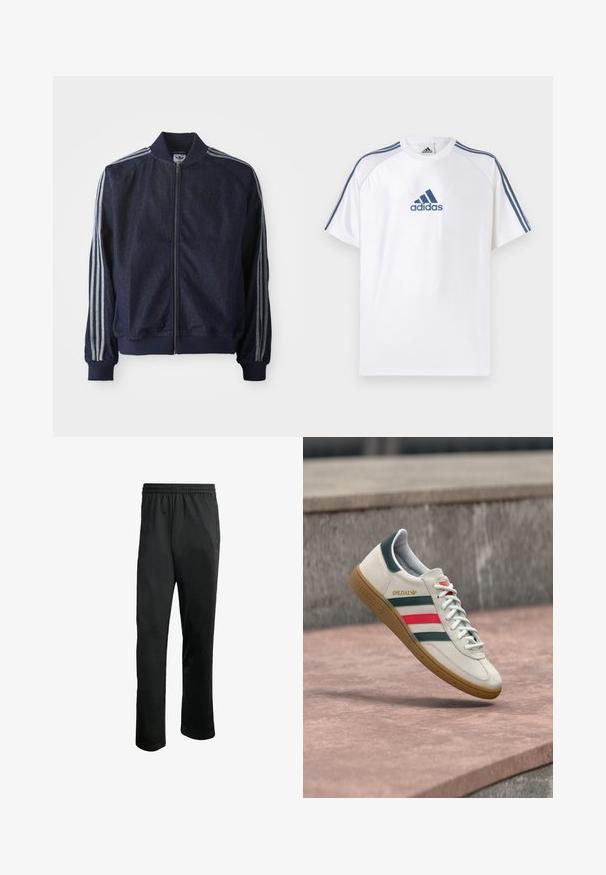 Mørkeblå denimjakke med lynlås foran, ribbede manchetter og tre hvide striber langs hver arm. Har et lille logo på brystet.; Hvid Adidas T-shirt med blå accenter, korte ærmer og rund hals. Har Adidas-logoet i blå på fronten og tre striber på skuldrene.; Sorte træningsbukser med en komfortabel elastisk livline, to sidelommer og et glat, let stof. Har diskrete logo detaljer.; Hvid Adidas sneaker med grønne og røde striber, gummisål og "SPEZIAL" branding, der svæver over stensat belægning.