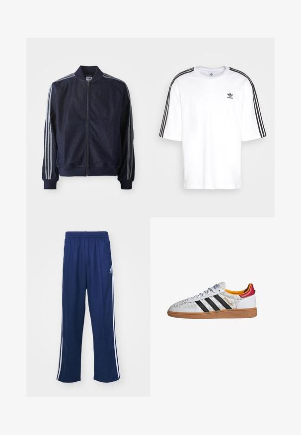 Marineblaue Jeansjacke mit Reißverschluss vorne, gerippten Bündchen und drei weißen Streifen an jedem Arm. Mit kleinem Logo auf der Brust.; Weißes T-Shirt mit kurzen Ärmeln, schwarzen drei Streifen auf den Schultern und schwarzem Adidas-Logo auf der Brust. Aus weichem Baumwollmaterial.; Marineblaue Sporthosen mit einem lockeren Schnitt, ausgestattet mit weißen seitlichen Streifen und einem elastischen Bund. Glattes Material, keine sichtbaren Muster oder Beschläge.; Weißer Adidas Spezial Sneaker mit schwarzen Streifen, Gummisohle, gestepptem Muster, rotem Fersenlaschen und gelber Innenausstattung, Seitenansicht.