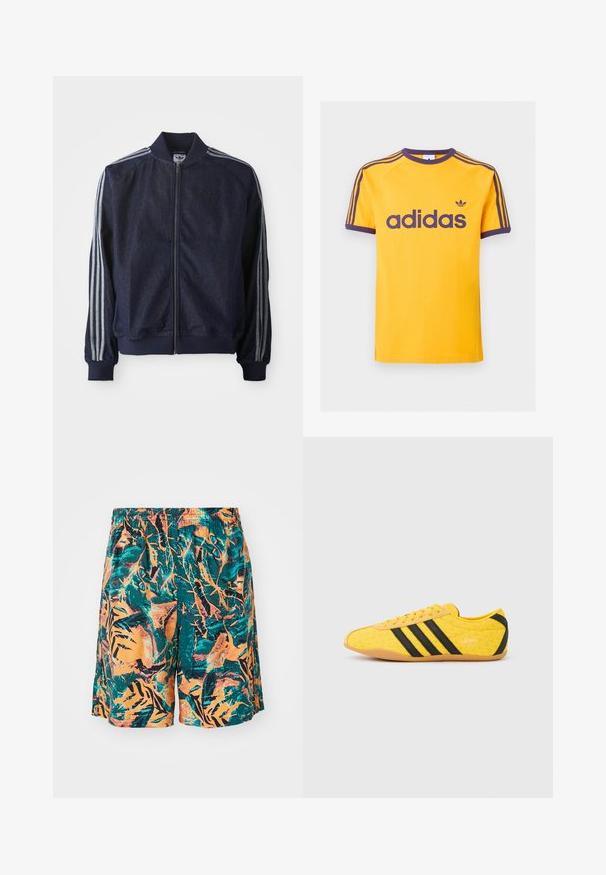 Laivastonsininen farkkutakki, jossa on vetoketju edessä, ribbireunat hihansuissa ja kolme valkoista raitaa kunkin hihan varrella. Takissa on pieni logo rinnassa.; Keltainen Adidas T-paita, jossa violetti kaulus, hihansuut, kolme raitaa olkapäillä ja iso Adidas-logo rinnan keskellä.; Uimashortsit, joissa on oranssi, teal ja musta viidakonlehtikuvio, valmistettu kevyestä kankaasta ja mukautuvan vyötärönauhan kanssa mukavuutta varten.; Keltainen urheilukenkä, jossa on kuvioitu päällinen, mustat raidat ja logo. Pyöristetty kärki, pehmeä pohja ja siksak-kuvio materiaalissa.