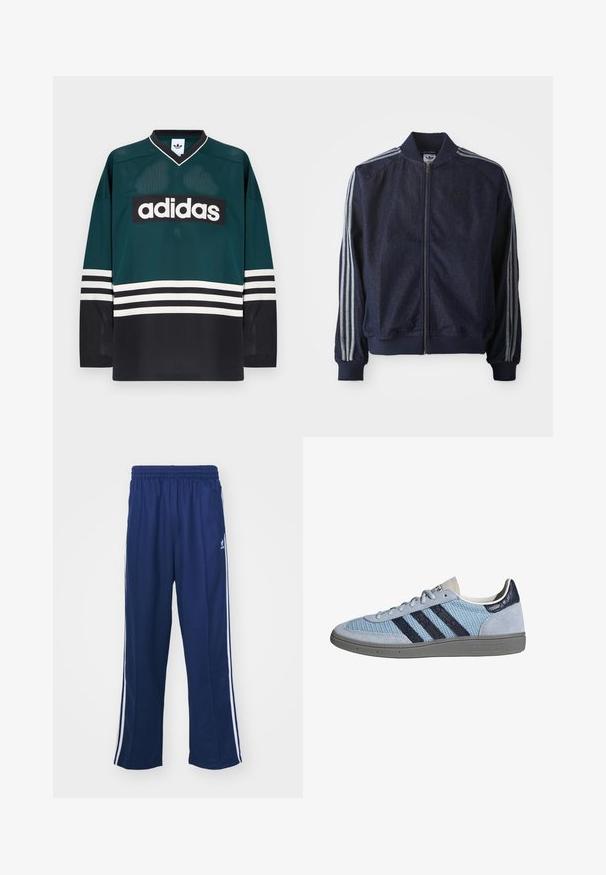 Marineblaue Jeansjacke mit Reißverschluss vorne, gerippten Bündchen und drei weißen Streifen an jedem Arm. Mit kleinem Logo auf der Brust.; Grünes und schwarzes Adidas-Trikot mit V-Ausschnitt, langen Ärmeln, Netzstruktur und auffälligem weißem Logo quer über der Brust mit gestreiften Akzenten.; Marineblaue Sporthosen mit einem lockeren Schnitt, ausgestattet mit weißen seitlichen Streifen und einem elastischen Bund. Glattes Material, keine sichtbaren Muster oder Beschläge.; Hellblauer Adidas-Sneaker mit dunkelblauen Streifen, Wildleder an Zehen- und Fersenbereich, strukturierte Sohle und Schnürverschluss, Seitenansicht auf weißem Hintergrund.