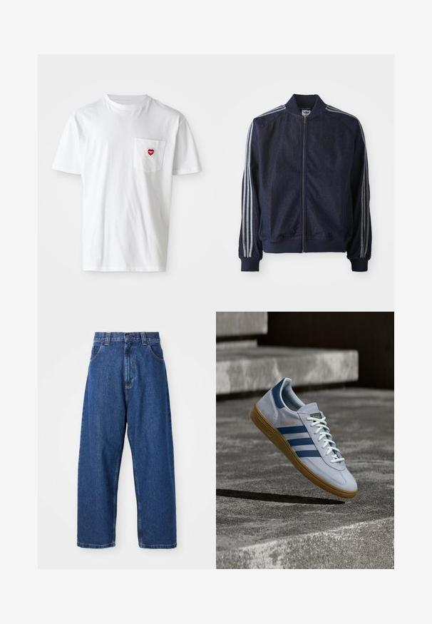 Marineblaue Jeansjacke mit Reißverschluss vorne, gerippten Bündchen und drei weißen Streifen an jedem Arm. Mit kleinem Logo auf der Brust.; Weißes Baumwoll-T-Shirt mit rundem Halsausschnitt und kurzen Ärmeln. Verfügt über ein kleines rotes Herzlogo auf der linken Brusttasche.; Weite Jeans aus Denim in Dunkelblau. Hohe Taille, Gürtelschlaufen und klassisches Fünf-Taschen-Design. Gestickter Saum mit sauberem Finish.; Hellblauer Adidas Spezial Sneaker mit dunkelblauen Streifen und Gummisohle, in der Luft über Betontreppen in neutralem Außenbereich gezeigt.