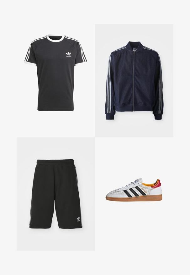 Mørkeblå denimjakke med lynlås foran, ribbede manchetter og tre hvide striber langs hver arm. Har et lille logo på brystet.; Sort t-shirt med hvid krave og ærmekanter, der har tre hvide vandrette striber på hver skulder og et lille hvidt Adidas-logo.; Sort shorts lavet af bomuldsblandet materiale med elastisk talje, med hvide sidelister og et lille logo nederst til venstre.; Hvid Adidas Spezial sneaker med sorte striber, gummisål, quiltet mønster, rød hælflap og gul inderfor, set fra siden.
