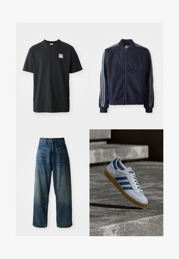 Marineblaue Jeansjacke mit Reißverschluss vorne, gerippten Bündchen und drei weißen Streifen an jedem Arm. Mit kleinem Logo auf der Brust.; Schwarzes Baumwoll-T-Shirt mit Rundhalsausschnitt, kurzen Ärmeln und einem kleinen farbigen Etikett auf der linken Brust, das das Wort "SUPERIOR" zeigt.; Weite blaue Denim-Jeans mit einem verwaschenen Finish. Verfügt über fünf Taschen, einen Knopfverschluss und kontrastierende Nähte. Schwergewichtiges Material.; Hellblauer Adidas Spezial Sneaker mit dunkelblauen Streifen und Gummisohle, in der Luft über Betontreppen in neutralem Außenbereich gezeigt.