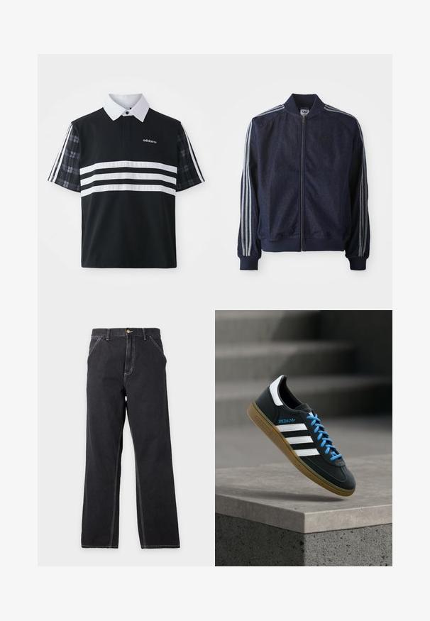 Marineblauwe denimjack met een ritssluiting aan de voorkant, geribbelde manchetten en drie witte strepen langs elke arm. Het heeft een klein logo op de borst.; Zwarte polo met witte strepen en logo; heeft korte geruite mouwen en een witte kraag met een knoopsluiting.; Zwarte jeans met rechte pijpen, voorzakken, riemlussen en zichtbare witte stiksels op een effen lichtgrijze achtergrond.; Zwarte Adidas-sneaker met witte strepen, blauwe veters en een gumzool die boven een grijze betonnen trede zweeft in zacht licht.