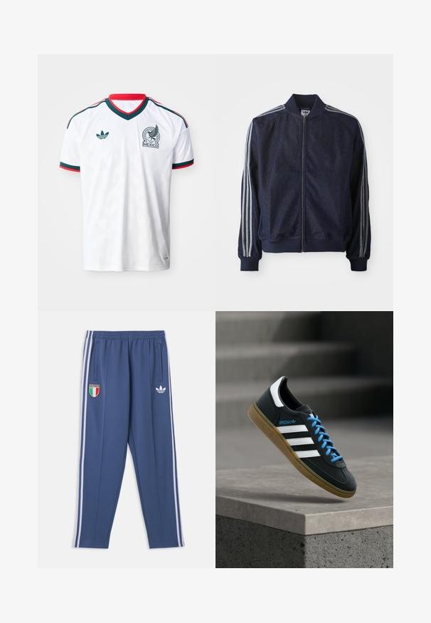 Navy denim jacket with a zip front, ribbed cuffs, and three white stripes along each arm. Features a small logo on the chest.; White soccer jersey with green and red trim, Adidas logo on right chest, and Mexico crest featuring a winged eagle on left chest.; Blue track pants with white side stripes, elastic waistband, Italy flag patch on left thigh, and white Adidas trefoil logo on right thigh.; Black Adidas sneaker with white stripes, blue laces, and gum sole floating above gray concrete step in soft light.