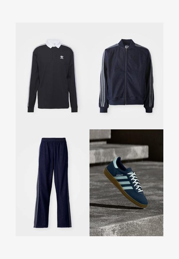 Mørkeblå denimjakke med lynlås foran, ribbede manchetter og tre hvide striber langs hver arm. Har et lille logo på brystet.; Sort langærmet polo skjorte med hvid krave og tre hvide striber langs ærmerne; har et broderet Adidas-logo på brystet.; Mørkeblå træningsbukser med elastisk talje, der har tre hvide sidestriber og en lige benudskæring. Blød denimtekstur.; Blå Adidas Spezial sneaker med hvide striber og snørebånd, gummisål, svævende over en ru betongoverflade og trin i baggrunden.