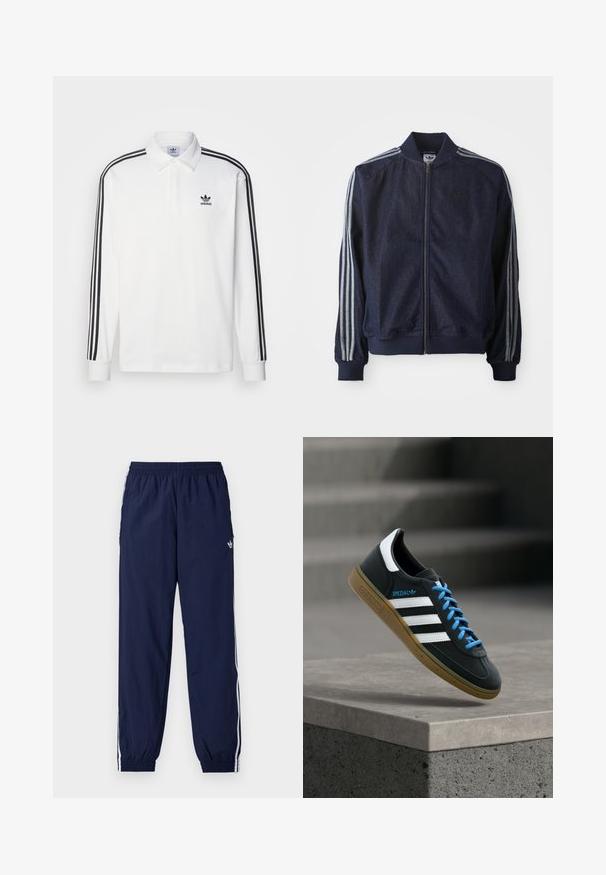 Veste en denim bleu marine avec fermeture éclair à l'avant, poignets côtelés et trois rayures blanches le long de chaque bras. Comprend un petit logo sur la poitrine.; Polo shirt blanc à manches longues avec un col classique, des accents noirs à trois rayures le long des manches, et un petit logo noir sur la poitrine.; Pantalon de survêtement bleu marine en tissu léger, avec des bandes blanches sur les côtés, une taille élastique et un petit logo.; Baskets Adidas noires avec des rayures blanches, des lacets bleus et une semelle en gomme flottant au-dessus d'une marche en béton grise sous une lumière douce.