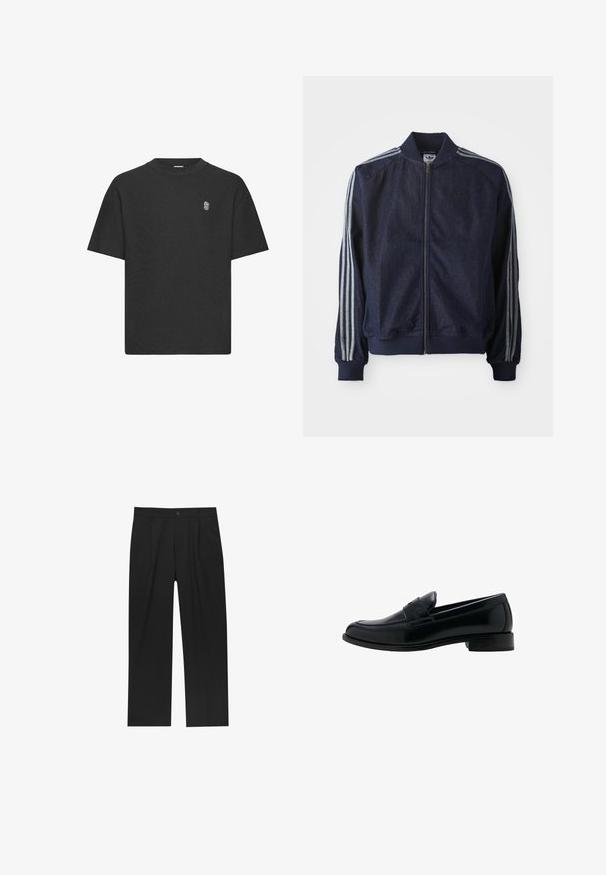 Mørkeblå denimjakke med lynlås foran, ribbede manchetter og tre hvide striber langs hver arm. Har et lille logo på brystet.; Sort kortærmet t-shirt i et tekstureret stof, med rund hals og et diskret broderet logo på brystet.; Sorte bukser med lige ben, lavet af et glat stof. Har frontfolder og en enkelt knaplukning i taljen.; Sort læderloafer med lav hæl, rundet tå og en klassisk penny-stropdetalje på vampen.