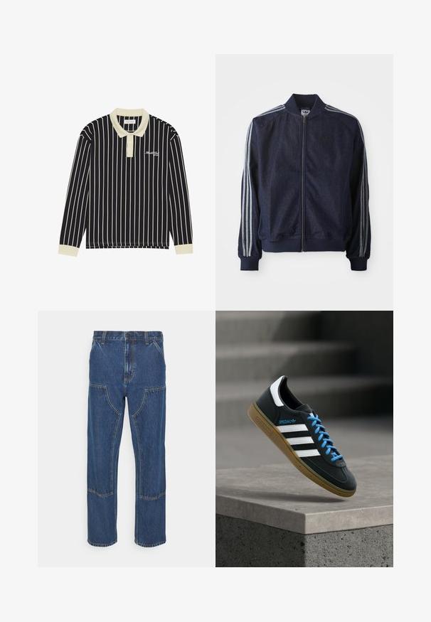 Veste en denim bleu marine avec fermeture éclair à l'avant, poignets côtelés et trois rayures blanches le long de chaque bras. Comprend un petit logo sur la poitrine.; Polo à manches longues avec des rayures verticales bleu marine et crème, un col crème, une patte de boutonnage à trois boutons, et un logo brodé sur la poitrine gauche.; Jean en denim bleu avec une coupe droite, poches avant à patch et coutures contrastées. Le tissu a une texture et une finition classiques.; Baskets Adidas noires avec des rayures blanches, des lacets bleus et une semelle en gomme flottant au-dessus d'une marche en béton grise sous une lumière douce.