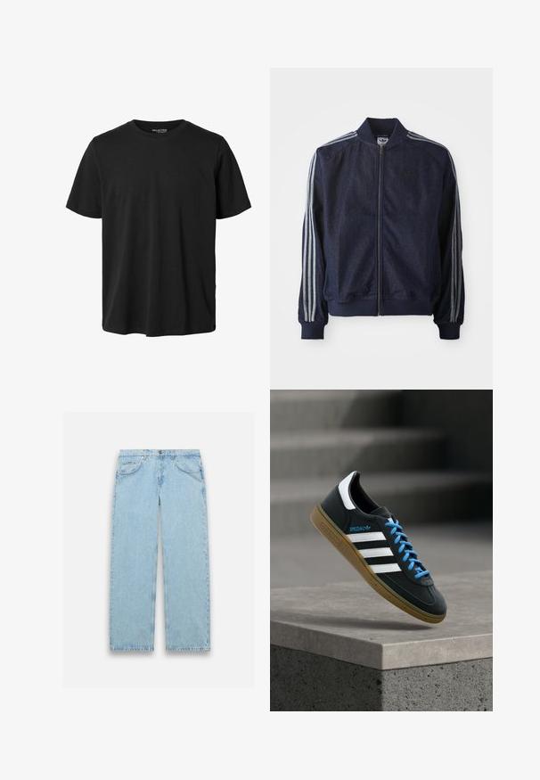 Chaqueta de mezclilla azul marino con cremallera frontal, puños acanalados y tres rayas blancas a lo largo de cada brazo. Presenta un pequeño logo en el pecho.; Camiseta negra lisa de manga corta con cuello redondo, ajuste regular y sin diseño o marca visible en el frente.; Jeans de mezclilla azul claro con un diseño de pierna recta, que cuentan con un cierre de botón, cinco bolsillos y ligeros detalles de costura.; Zapatilla negra Adidas con franjas blancas, cordones azules y suela de goma flotando sobre un escalón de hormigón gris con luz suave.