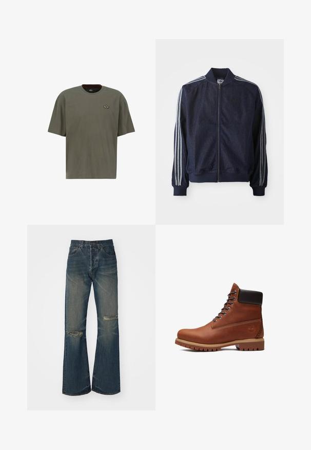 Chaqueta de mezclilla azul marino con cremallera frontal, puños acanalados y tres rayas blancas a lo largo de cada brazo. Presenta un pequeño logo en el pecho.; Camiseta de manga corta color verde oliva hecha de algodón, con escote redondo y un pequeño logo dorado bordado en el lado izquierdo del pecho.; Jeans de mezclilla azul acampanados con acentos descoloridos y roturas en las rodillas. Presenta una cintura alta y un diseño de cinco bolsillos, terminado con un cierre de botón.; Bota marrón de cuero con cordones, cuello acolchado negro, suela gruesa color beige y logo de árbol en relieve en el lateral del talón.