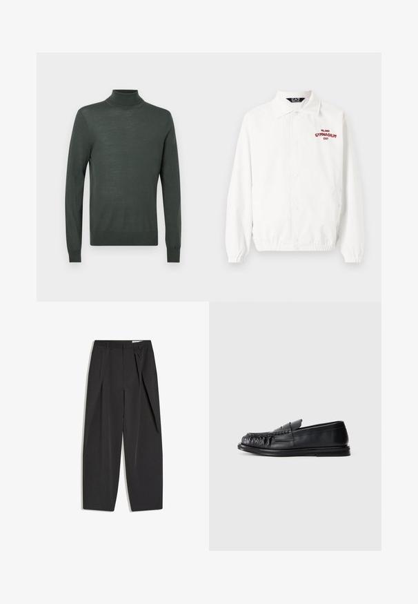 Hvid trænerjakke med frontknaplukning, elastiske cuffs og "MILANO GYMNASIUM EA7" broderet i rød på brystet.; Mørkegrøn turtleneck sweater lavet af blødt, let materiale. Har lange ærmer og en tætsiddende pasform med ribbede detaljer ved ærmekanterne og udskæringen.; Sorte sorte bukser med høj talje, skræddersyede med læg, bæltestropper og lige ben, vist fladt på en hvid baggrund.; Sort læderloafer med en rund, rynket tå og en flad sål på en ensfarvet hvid baggrund.