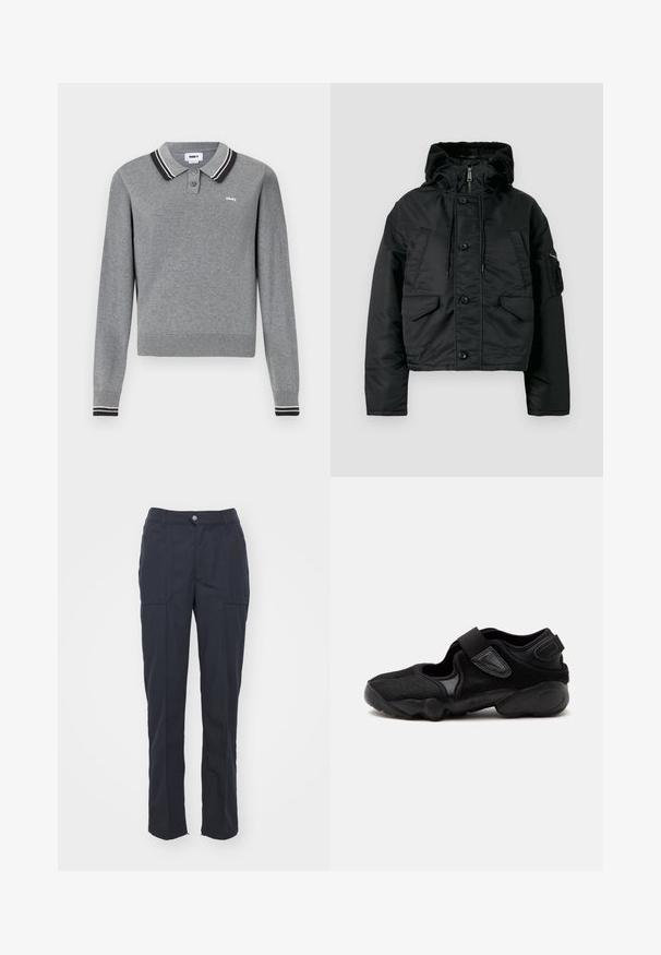 Veste matelassée noire courte avec fermeture éclair et bouton, deux poches avant, capuche avec cordon de serrage et doublure intérieure douce.; Polo gris à manches longues avec col et poignets rayés noir et blanc, deux boutons et petit logo "obey" sur la poitrine.; Pantalons bleu marine foncé avec une coupe droite, comportant deux poches avant, une fermeture à bouton et une texture de tissu lisse.; Chaussure de sport noire avec un bout arrondi, des sangles réglables et une semelle texturée, vue de côté sur un fond uni.