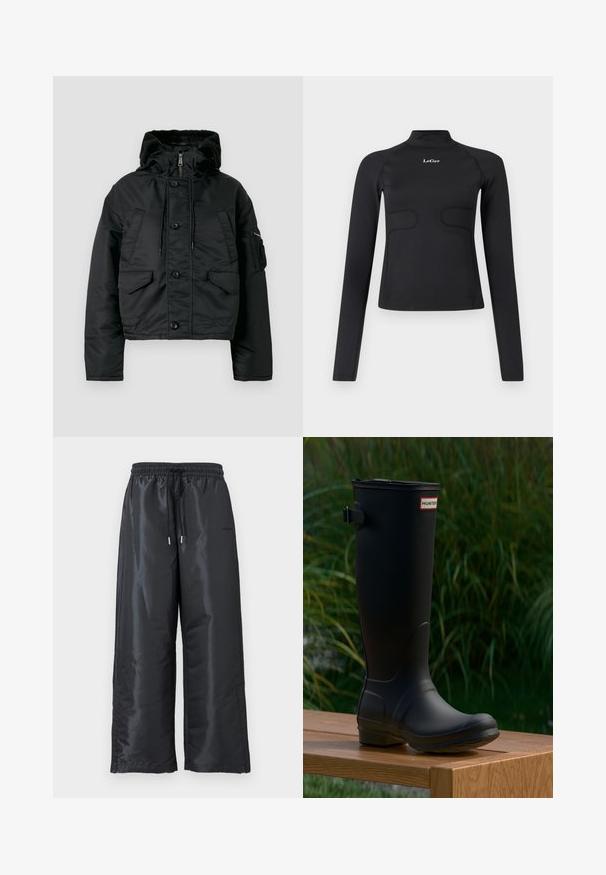 Schwarze, kurz geschnittene Steppjacke mit Reißverschluss und Knopfverschluss, zwei Fronttaschen, Kapuze mit Kordelzug und weicher Innenschicht.; Schwarzes, langärmliges, tailliertes Oberteil mit Stehkragen und weißem "LeGer"-Logo, das mittig auf der Brust vor einem weißen Hintergrund sitzt.; Schwarze, weite Hosen aus glänzendem, glattem Stoff. Mit einem elastischen Bund und einem Kordelzug sowie Seitentaschen.; Schwarzer Gummistiefel bis zum Knie mit runder Zehe, leichtem Absatz und einer Schnallenriemen. Auf der Vorderseite befindet sich das "HUNTER"-Logo.
