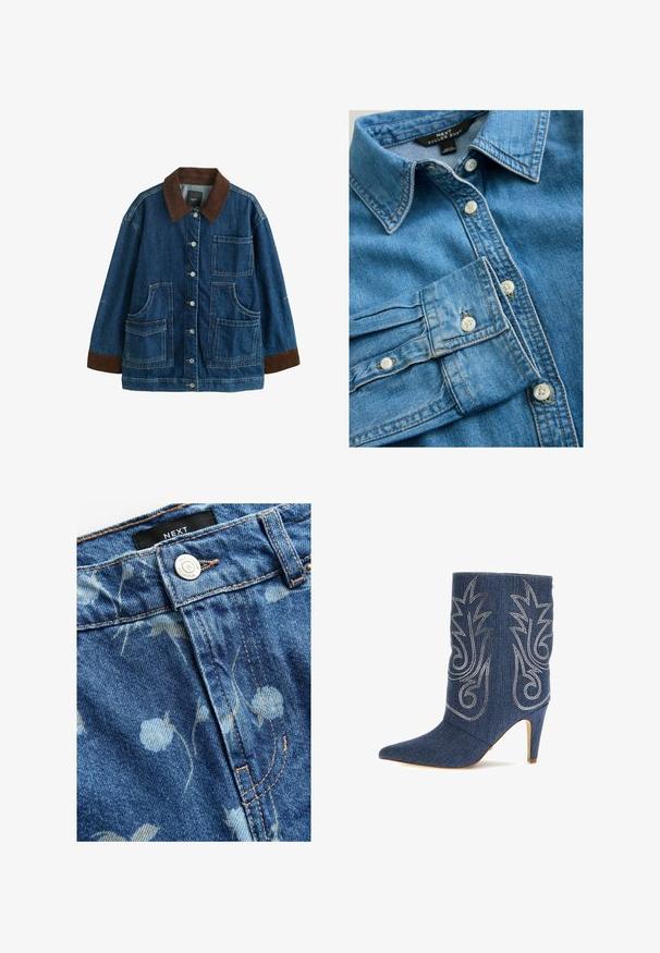 Jeansjacke mit braunem Cordkragen und -manschetten, vordere Knopfleiste und vier aufgesetzten Taschen auf weißem Hintergrund.; Blaues Jeanshemd mit spitzem Kragen, durchgehender Knopfleiste und geknöpften Manschetten. Verfügt über sichtbare Nähte und eine glatte Textur.; Denimstoff in hellblau mit floralem Muster. Enthält einen silbernen Knopfverschluss und beigefarbene Nähte entlang der Nähte. Markenlabel sichtbar.; Denim-Ankle-Boot mit spitzer Zehenform, geschwungenem Design, silberner dekorativer Stickerei und 3-Zoll-Stiletto-Absatz. Dunkelblau mit strukturiertem Finish.