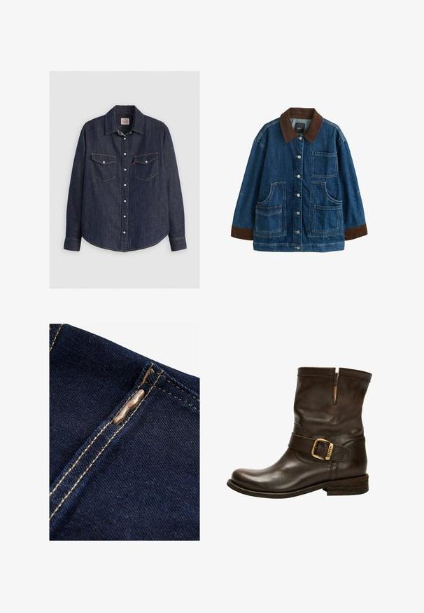 Spijkerjack met bruine corduroy kraag en boorden, voorsluiting met knopen en vier opgestikte zakken op een witte achtergrond.; Donkerblauwe denim overhemd met lange mouwen, kraag met knopen aan de voorkant, twee borstzakken met kleppen en contrasterende gele stiksels.; Next REGULAR FIT - WIDE LEG - Flared Jeans - rinse blue; Bruine leren enkelboot met een ronde neus, zijschoenbuckle, gestikte accenten en een lage gestapelde hak. Beschikt over een kenmerkende textuur.