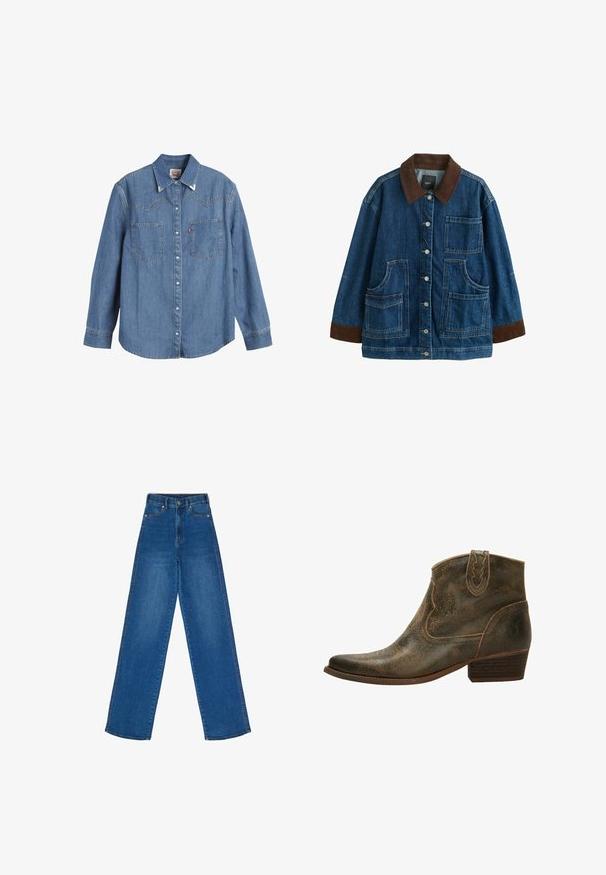 Spijkerjack met bruine corduroy kraag en boorden, voorsluiting met knopen en vier opgestikte zakken op een witte achtergrond.; Lichtblauwe denim overhemden met lange mouwen, puntige kraag, twee borstzakken en contrasterende stiksels. Heeft een westers stijl yoke ontwerp.; High-waisted, wijde jeans gemaakt van blauwe denim. Kenmerkt zich door een rechte snit, klassieke stiksels, voorzakken en een knoopsluiting.; Bruine leren enkellaars met een spitse neus, decoratieve stiksels en een lage hak. Heeft een subtiele gestructureerde afwerking en een trekker aan de achterkant.