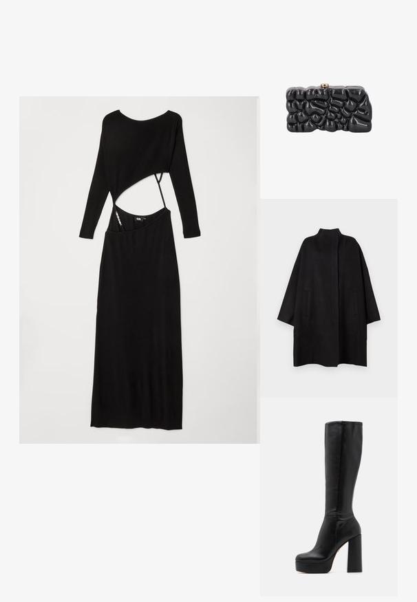 Sort, oversized frakke med høj krave, der har to frontlommer og en glat tekstur. Simpelt design med en lige skåret silhuet.; Sort ribbet langærmet kjole med en tætsiddende silhuet, asymmetrisk udskæring i taljen og en glat tekstur.; Sorte knæhøje støvler lavet af glat læder med en struktureret overflade, der har en høj blokhælkonstruktion og et rundt tådesign.; Skinnende sort clutch taske med en abstrakt, tekstureret overflade og en lille metallukning på toppen, vist mod en hvid baggrund.
