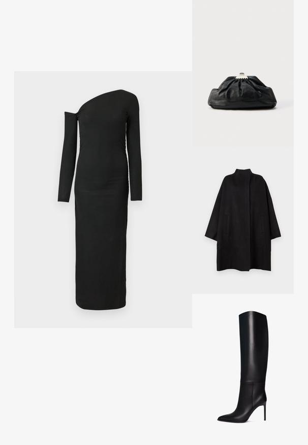 Schwarzer, oversized Mantel mit hohem Kragen, ausgestattet mit zwei Vorderfächern und einer glatten Textur. Schlichtes Design mit geradem Schnitt.; Schwarzes, eng anliegendes Langarmkleid mit asymmetrischem Ausschnitt und gerafftem Seitendetail, aus geripptem Stoff gefertigt.; Knöchelhohe schwarze Leder-Stiletto-Stiefel mit spitzem Zeh. Glatte Textur, strukturiertes Design und schmaler hoher Absatz. Keine sichtbaren Beschläge oder Muster.; Schwarze Leder-Clutch mit geraffter Textur, Metallverschluss und dezentem, auf der Vorderseite geprägtem Logo. Abgerundete Form.