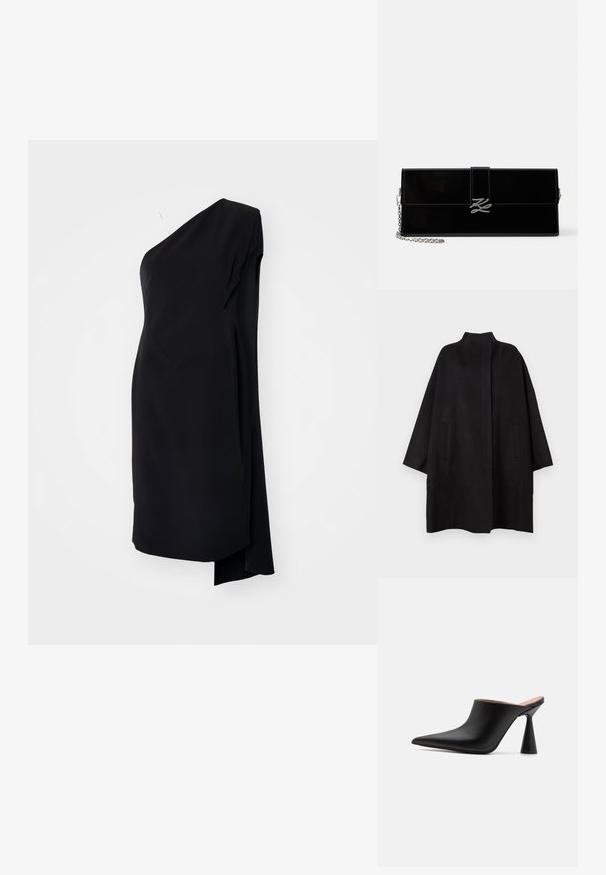 Manteau noir surdimensionné avec un col montant, doté de deux poches avant et d'une texture lisse. Design simple avec une silhouette droite.; Robe asymétrique noire à une épaule, en tissu satiné, avec un design drapé et une fente sur le côté pour un détail supplémentaire.; Mules en cuir noir avec un bout pointu et un talon conique unique. Texture lisse et design minimaliste, à dos ouvert pour un enfilage facile.; Pochette rectangulaire noire brillante avec bretelle chaîne argentée et fermoir aux initiales argentées entrelacées sur le rabat avant.