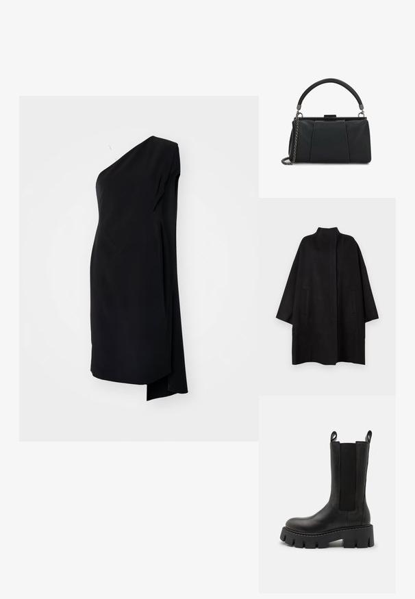 Manteau noir surdimensionné avec un col montant, doté de deux poches avant et d'une texture lisse. Design simple avec une silhouette droite.; Robe asymétrique noire à une épaule, en tissu satiné, avec un design drapé et une fente sur le côté pour un détail supplémentaire.; Bottines en cuir noir avec panneaux élastiques sur les côtés, languettes de tirage, semelle crantée épaisse et détails de couture renforcée. La surface a une texture lisse.; Petit sac à main en cuir noir avec une poignée supérieure et une bandoulière chaîne métallique amovible sur fond blanc.