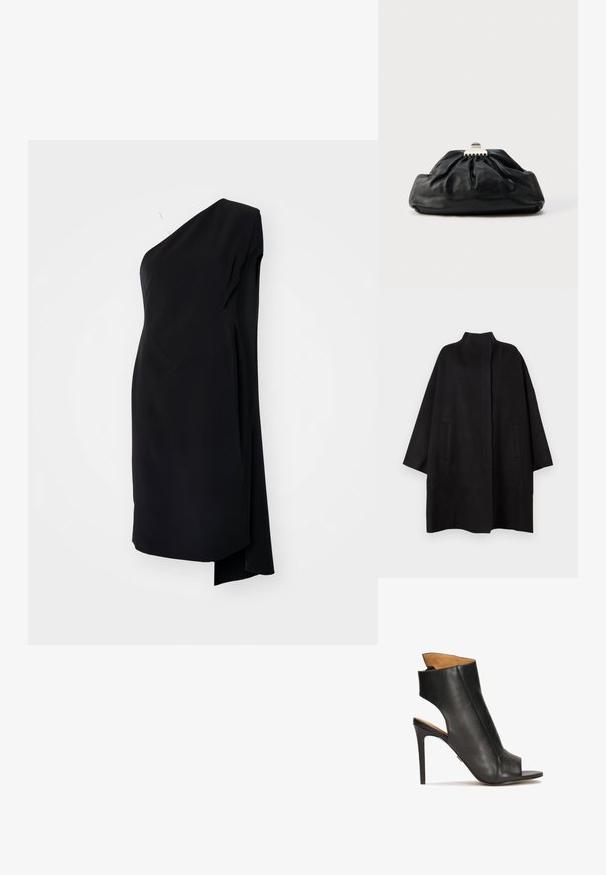 Schwarzer, oversized Mantel mit hohem Kragen, ausgestattet mit zwei Vorderfächern und einer glatten Textur. Schlichtes Design mit geradem Schnitt.; Schwarzes asymmetrisches Kleid mit einem Schulterträger, aus glattem Stoff, mit drapierter Gestaltung und seitlichem Schlitz für zusätzliche Details.; Schwarze Leder-Sandaletten mit hohem Absatz, offen an der Zehe und mit ausgeschnittenem Design. Verfügt über einen Stiletto-Absatz und einen konturierten Knöchelbereich.; Schwarze Leder-Clutch mit geraffter Textur, Metallverschluss und dezentem, auf der Vorderseite geprägtem Logo. Abgerundete Form.