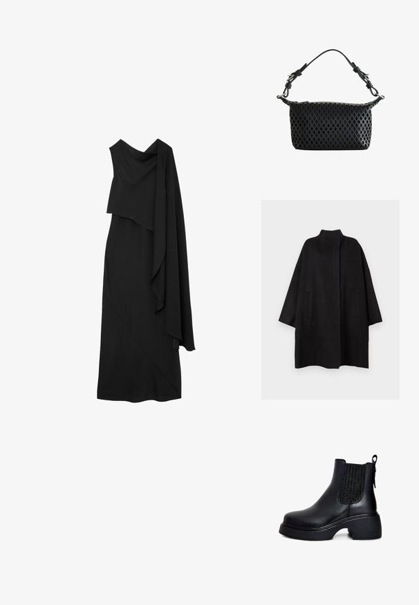 Schwarzer, oversized Mantel mit hohem Kragen, ausgestattet mit zwei Vorderfächern und einer glatten Textur. Schlichtes Design mit geradem Schnitt.; Schwarzes Abendkleid mit einem Schulterriemen und asymmetrischem drapiertem Stoffdetail, das sich über eine Seite erstreckt.; Schwarze Lederknöchelstiefel mit elastischen Seiteneinsätzen, runder Zehenpartie, massiven strukturierten Absatz und einer Schlaufe an der Rückseite für ein einfaches Anziehen.; Schwarze Handtasche mit diamantförmigem Cutout-Muster, kurzem verstellbarem Riemen und silbernen Schnallendetails vor weißem Hintergrund.