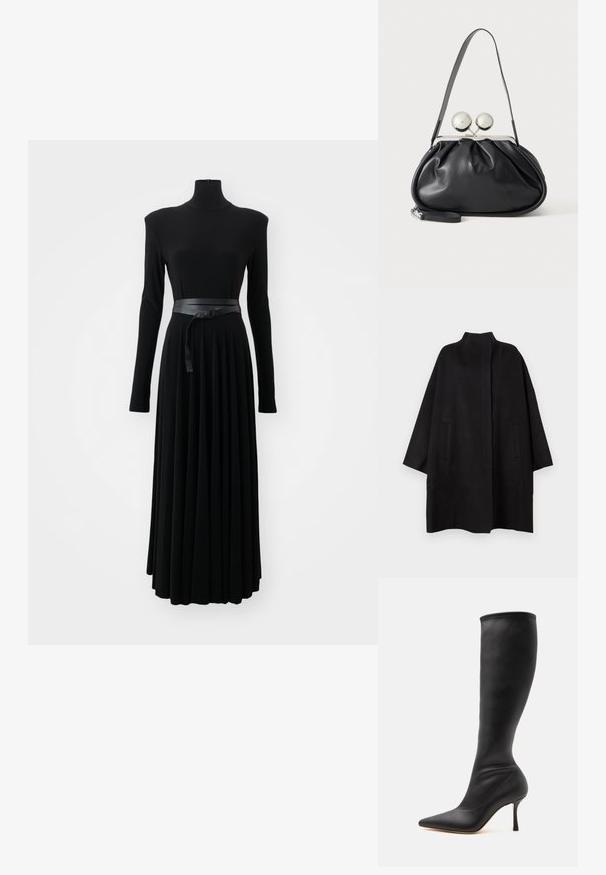 Zwarte, oversized jas met een hoge kraag, voorzien van twee voorzakken en een gladde textuur. Eenvoudig ontwerp met een recht gesneden silhouet.; Norma Kamali SHOULDER PAD TURTLE FLARED DRESS TO MIDCALF - Jerseyjurk - black; Zwarte leren kniehoge laars met puntige neus en hoge, slanke naaldhak op een witte achtergrond.; Zwarte leren handtas met een geplooid ontwerp, een enkele schouderband, zilverkleurige metalen omlijsting en twee grote ronde zilveren sluitingen.