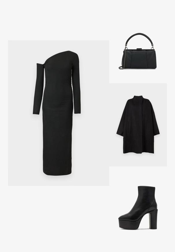 Zwarte, oversized jas met een hoge kraag, voorzien van twee voorzakken en een gladde textuur. Eenvoudig ontwerp met een recht gesneden silhouet.; Zwarte, nauwsluitende, lange mouw jurk met een asymmetrische halslijn en geplooide zijdetail, gemaakt van ribbelstof.; Zwarte leren enkelboot met een spitse neus en een hoge blokhak. Voorzien van een platformzool en een gladde textuur zonder zichtbare hardware.; Kleine zwarte leren handtas met bovenhandvat en afneembare metalen ketting schouderriem op witte achtergrond.