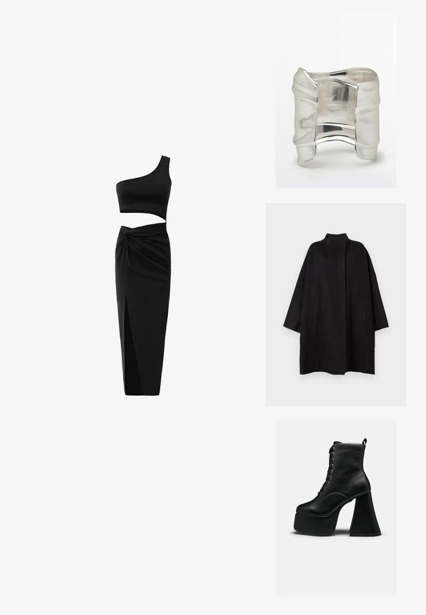 Zwarte, oversized jas met een hoge kraag, voorzien van twee voorzakken en een gladde textuur. Eenvoudig ontwerp met een recht gesneden silhouet.; Zwart twee-delig outfit met een één-schouder crop top en hoge taille rok met een gedraaide detail en een zijsplit. Glad materiaal.; Zwarte platform enkellaars met veters aan de voorkant, brede blokhak, glad leer en trekhaak aan de achterkant.; Brede zilveren manchetarmband met een geboetseerd, onregelmatig gevouwen ontwerp en reflecterend gepolijst oppervlak tegen een effen achtergrond.