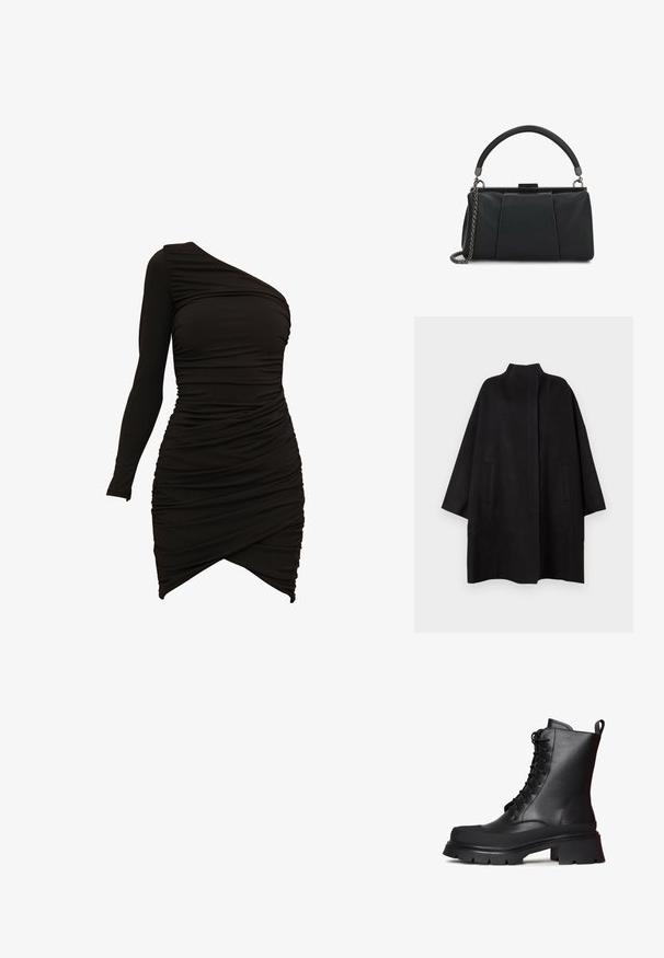 Sort, oversized frakke med høj krave, der har to frontlommer og en glat tekstur. Simpelt design med en lige skåret silhuet.; Sort en-skulder kjole lavet af strækbart materiale, med rynkede detaljer og en asymmetrisk kant for en tætsiddende silhuet.; Sorte læder ankelstøvler med snørebånddesign, chunky platformsål og rillet sål. Har en løkke bagpå for nem påtagning.; Lille sort læderhåndtaske med topgreb og aftagelig metal kæderem på hvid baggrund.