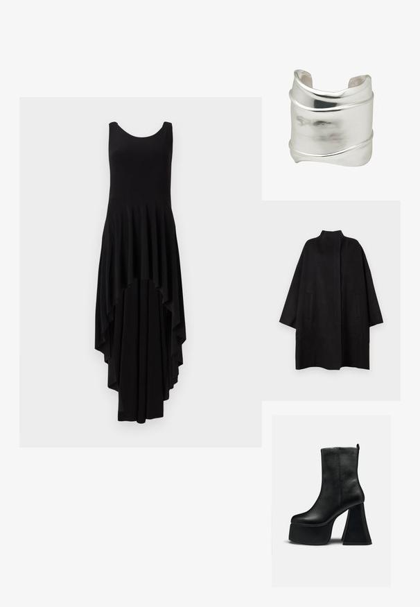 Zwarte, oversized jas met een hoge kraag, voorzien van twee voorzakken en een gladde textuur. Eenvoudig ontwerp met een recht gesneden silhouet.; Zwarte mouwloze jurk met een ronde halslijn, voorzien van een cascaderende asymmetrische zoom en geplooide textuur over het hele lijfje.; Zwarte leren enkellaars met dikke plateauzool en brede uitlopende hoge hak, gladde textuur en klein logo nabij de bovenrand.; Brede zilveren manchetarmband met een glad, gepolijst oppervlak en subtiele gebogen lijnen die rondom het lichaam lopen.
