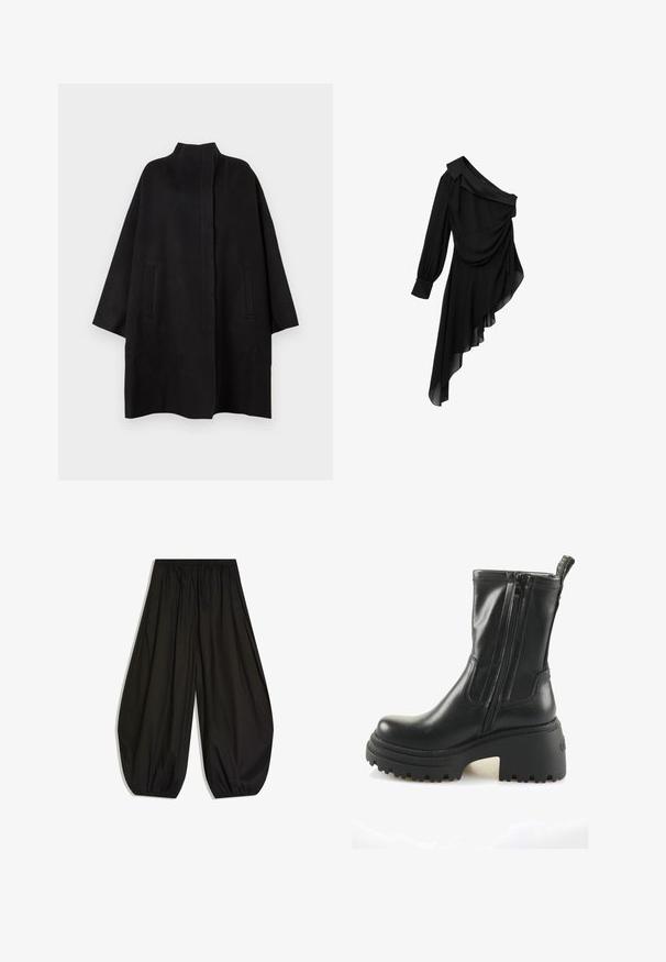 Sort, oversized frakke med høj krave, der har to frontlommer og en glat tekstur. Simpelt design med en lige skåret silhuet.; Sort kjole lavet af let stof, med design med én skulder, draperet front, langærmet og asymmetrisk kant.; Løse sorte bukser med indsamlet elastisk talje og elastiske manchetter, der skaber en ballon-silhuet.; Sorte læder ankelstøvler med dobbelte lynlåse, chunky mellemsål og en tekstureret gummisål. Har en trækflig bagpå for nem påtagning.