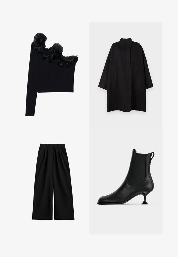 Zwarte, oversized jas met een hoge kraag, voorzien van twee voorzakken en een gladde textuur. Eenvoudig ontwerp met een recht gesneden silhouet.; Zwarte tops met één schouder, voorzien van een ruffled doorzichtige overlay langs de halslijn, gemaakt van lichtgewicht stof met een gladde textuur.; Zwarte wijduitlopende broek met hoge taille, riemlussen, voorplooien en een nette, gladde stofafwerking.; Zwarte leren enkellaars met spitse neus, elastische zijpanelen en een smalle, uitgewaaierde kittenhak op een effen lichte achtergrond.