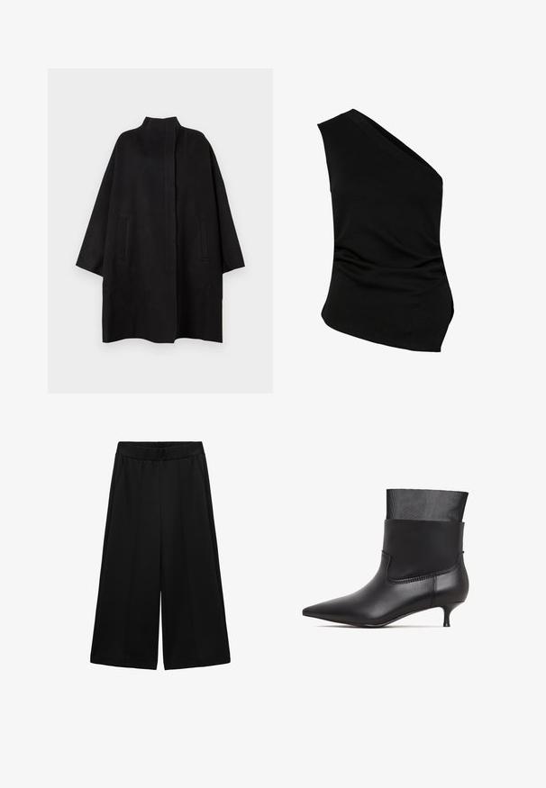 Zwarte, oversized jas met een hoge kraag, voorzien van twee voorzakken en een gladde textuur. Eenvoudig ontwerp met een recht gesneden silhouet.; Zwarte top met één schouder van zachte katoenmix, met een diagonale halslijn, een aansluitende pasvorm en subtiele zijruche.; Zwarte wijde broek gemaakt van gestructureerde stof, met zijzakken en een gladde tailleband, ontworpen voor een ruime pasvorm.; Zwarte enkelboot met een spitse neus, slank leren lichaam en een mesh manchet; heeft een kleine kittenhiel en subtiele stikdetails.
