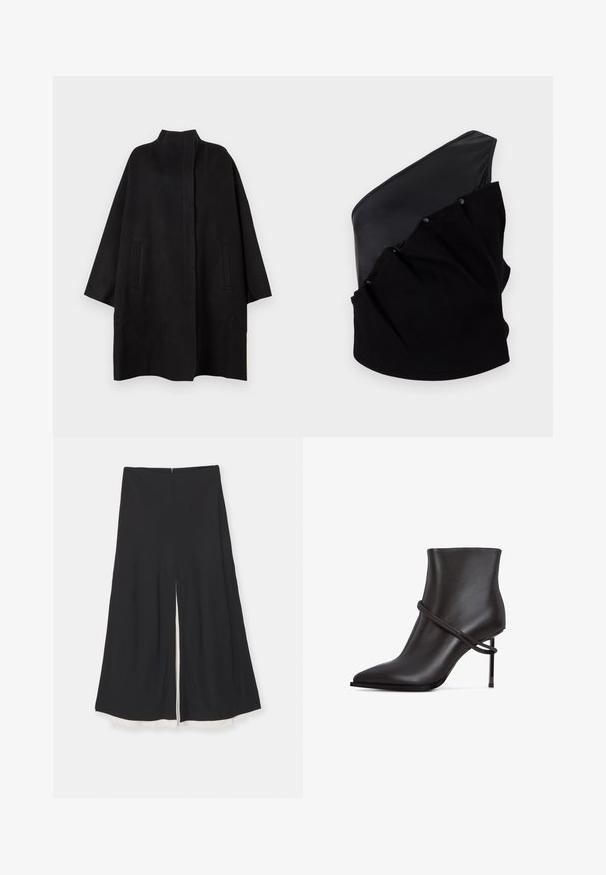 Zwarte, oversized jas met een hoge kraag, voorzien van twee voorzakken en een gladde textuur. Eenvoudig ontwerp met een recht gesneden silhouet.; Asymmetrisch zwart top met een zachte leren paneel en een textuur van gebreide stof met geraffineerde details en drukknoopjes.; Zwarte broek met wijde pijpen en een split aan de voorkant, met een gladde textuur en een contrasterende witte voering aan de zoom. Achtersluiting met rits.; Strakke zwarte enkelboot met een spitse neus, accent van gewikkeld design en een hoge stilettohak op een witte achtergrond.